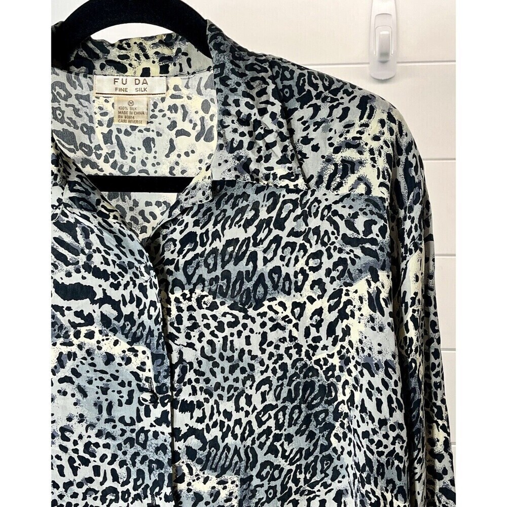 Fu Da Vintage 80s 100% Silk Leopard Print Button Down Top Womens M Mob Wife